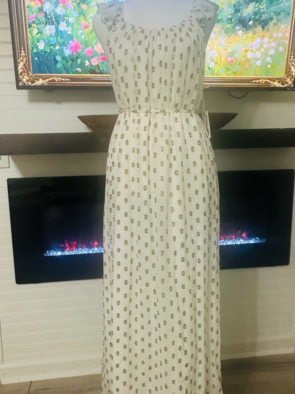 Jessica Simpson Cream Maxi Dress with Gold-Tone Floral Motif